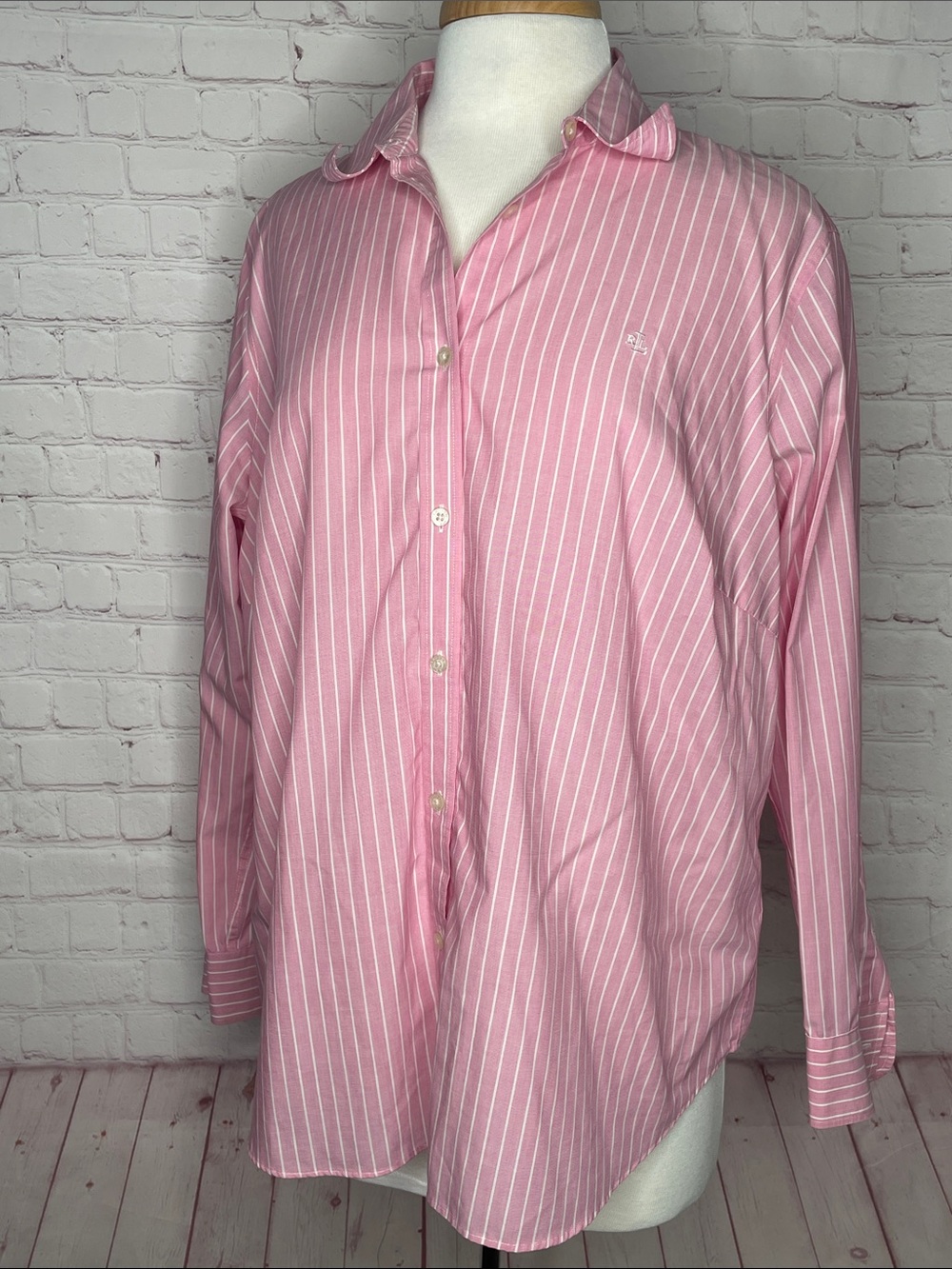 Ralph Lauren Pink Striped Button Up 100% Cotton Long Sleeve No-Iron Top 1X Plus
